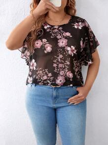 SHEIN LUNE Elegant Commuter Casual Vacation Floral Pattern Fabric Round Neck Ruffle Sleeve Blouse, Fashion Versatile Bestseller In Black And Pink, Plus Size, Spring/Summer/Autumn - Black - View 4