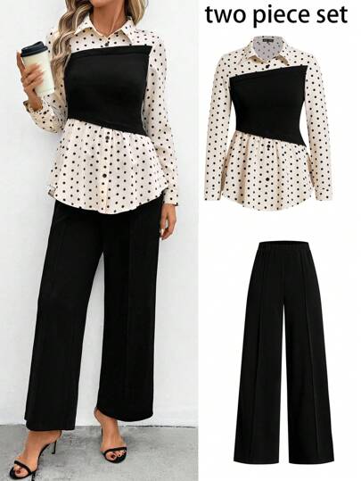 Ellevyn Conjunto de 2 piezas con pantalones acampanados de lunares en blanco y negro, y blusa de manga larga - Conjunto elegante y apropiado para el uso diario y el trabajo, para primavera y verano.