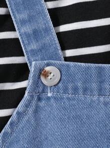 SHEIN 男孩圓領條紋短袖t恤和藍色牛仔吊帶短褲套裝 - 卡其色 - 查看 8