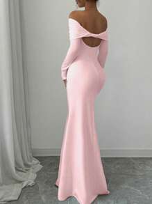 Rafferiza Sexy Elegant Fitted Long Sleeve Cinched Waist Double Layer Off-Shoulder Backless Twist Fishtail Hem Ribbed Knit Dress, White, Autumn/Winter Maxi Women Outfit