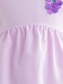 Young Girl Summer Grape Graphic Solid Color Round Neck Puff Sleeve Bubble Hem Dress - Purple - View 6