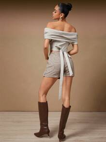 Hauture 夏季女装，性感优雅露肩灰色短款上衣，翻领，腰带环绕，后背系带，女式上衣，夏季上衣，短款上衣，外出上衣，露肩上衣，适合约会之夜、音乐会、表演、婚礼、派对、俱乐部、晚会、正式上衣 - 灰色 - 查看 3