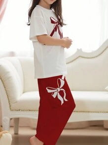 SHEIN 2 件套女孩和青少年女孩的勃艮第蝴蝶结装饰纯色休闲家居服套装、上衣和裤子 - 白色 - 查看 3