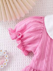 Baby Girl Infant Toddler 0-3 Years Old Spring/Summer Casual Sports Elegant Polo Dress, Textured Knit Puff Sleeve Peter Pan Collar, Dusty Rose & Peach - Pink - View 7