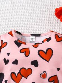 SHEIN Young Girls Valentine's Day Casual Heart Print Short Sleeve T-Shirt