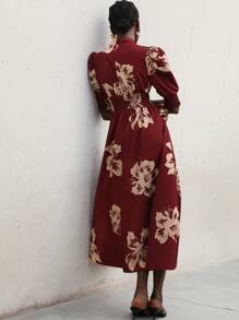 Aveloria Modichic Vestido largo colorblock impreso con cuello de pie elegante francés, mangas abullonadas y cintura ceñida en forma de línea A - Multicolor - Ver 6