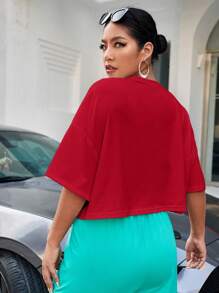 SHEIN EZwear 大码纯色圆领短袖简约休闲上衣 - 紅色 - 查看 2