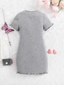 SHEIN Leap Crew Young Girl Knitted Plain Round Neck Butterfly Decor Slim Fit Casual Dress - Grey - View 2