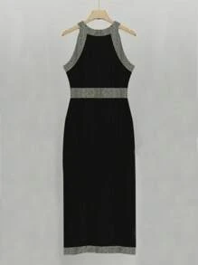 Plus Size Solid Color Splicing Round Neck Sleeveless Button Casual Sweater Dress - Black - View 2