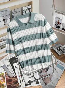 Claim Dot Plus Size Men's Turndown Collar Short Sleeve Striped Casual Knitted Top - Multicolor - View 3