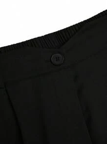 SHEIN LUNE Plus Size Women's Black Casual Fashion Pleated Decorative Zipper Button Waist High Special Angle Design Cuff Long Pants - Black - View 6