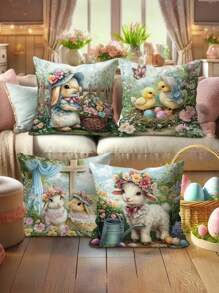 4pcs Easter Bunny & Chick Velvet Throw Pillow Covers - Whimsical Floral Sheep & Decorative Eggs Design, Soft & Comfortable With Zipper, Machine Washable - Perfect For Spring Living Room & Bedroom Decor - Pillow Inserts Not Included, Cute Throw Pillows - Multicolor - View 2