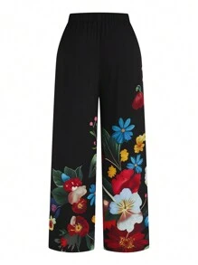 SHEIN Clasi Calças femininas plus size de tecido estampado com cintura elástica e pernas largas, design confortável e versátil, adequadas para o ano novo, festivais de música, dia dos namorados, ação de graças, natal, dia das bruxas, páscoa, carnaval e outras ocasiões como encontros casuais, férias na praia, piquenique no parque, deslocamento diário, compras, entretenimento. Tecido confortável, design elegante, alto custo-benefício. - Preto - Ver 2