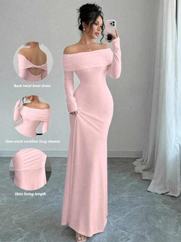 Rafferiza Sexy Elegant Fitted Long Sleeve Cinched Waist Double Layer Off-Shoulder Backless Twist Fishtail Hem Ribbed Knit Dress, White, Autumn/Winter Maxi Women Outfit