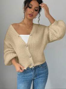 Chiquease 宽松长袖针织开衫，百搭秋冬装 - 卡其色 - 查看 5