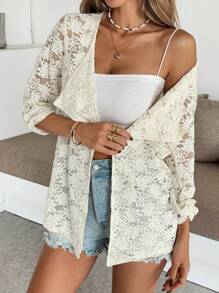 Chiquease Women 3/4 Sleeve Open Front Floral Jacquard Knit Cardigan - Apricot - View 6