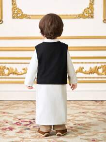 SHEIN Leap Crew 2pcs/Set Baby Boy Adorable Casual & Luxurious Black Vest + White Long Robe Outfit, Suitable For Birthday Party, Evening Event, Performance, Wedding, Baby Shower, Christening And 1st Birthday Celebration - Multicolor - View 2