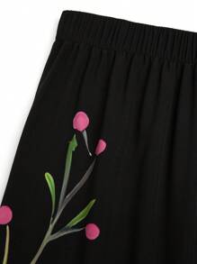 SHEIN Clasi Calças femininas plus size de tecido estampado com cintura elástica e pernas largas, design confortável e versátil, adequadas para o ano novo, festivais de música, dia dos namorados, ação de graças, natal, dia das bruxas, páscoa, carnaval e outras ocasiões como encontros casuais, férias na praia, piquenique no parque, deslocamento diário, compras, entretenimento. Tecido confortável, design elegante, alto custo-benefício. - Preto - Ver 3