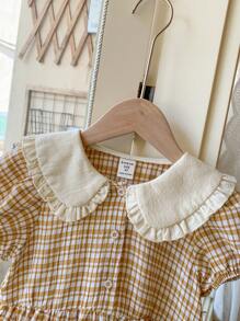 Blossori Gaun Kasual Longgar Motif Kotak-kotak Khaki untuk Anak Perempuan, dengan Kerah Lebar, Gaya Prancis Elegan untuk Musim Semi/Panas - MultiWarna - View 3