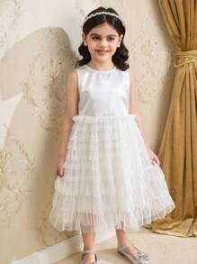 SHEIN Vestido elegante sin mangas de cuello redondo con parches de malla de unicolor para niña joven - Beis - Ver 3