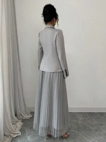 Elenzga Conjunto de blazer y falda de malla de corte regular y elegante para mujer, versátil para el trayecto al trabajo y uso en todas las estaciones. - Gris - Ver 2