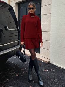 EMERY ROSE 2pcs/Set Women Solid Color Turtleneck Sweater And Pleated Skirt Sets, Casual For Autumn/Winter Fall Cloth For Women - Red - View 6