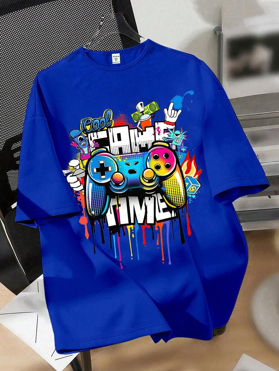 SHEIN Camiseta de manga corta con cuello redondo minimalista informal para niños preadolescentes, adecuada para el verano - azul real - Ver 1