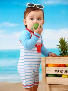 Baby Boy Striped Crab Print Rash Guard And Shorts Set - Multicolor - View 5
