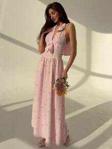 Aloruh Vestido ajustado con cuello de halter, escote en V profundo, decoración de lazo dulce, estampado de rayas rosas y mariposas