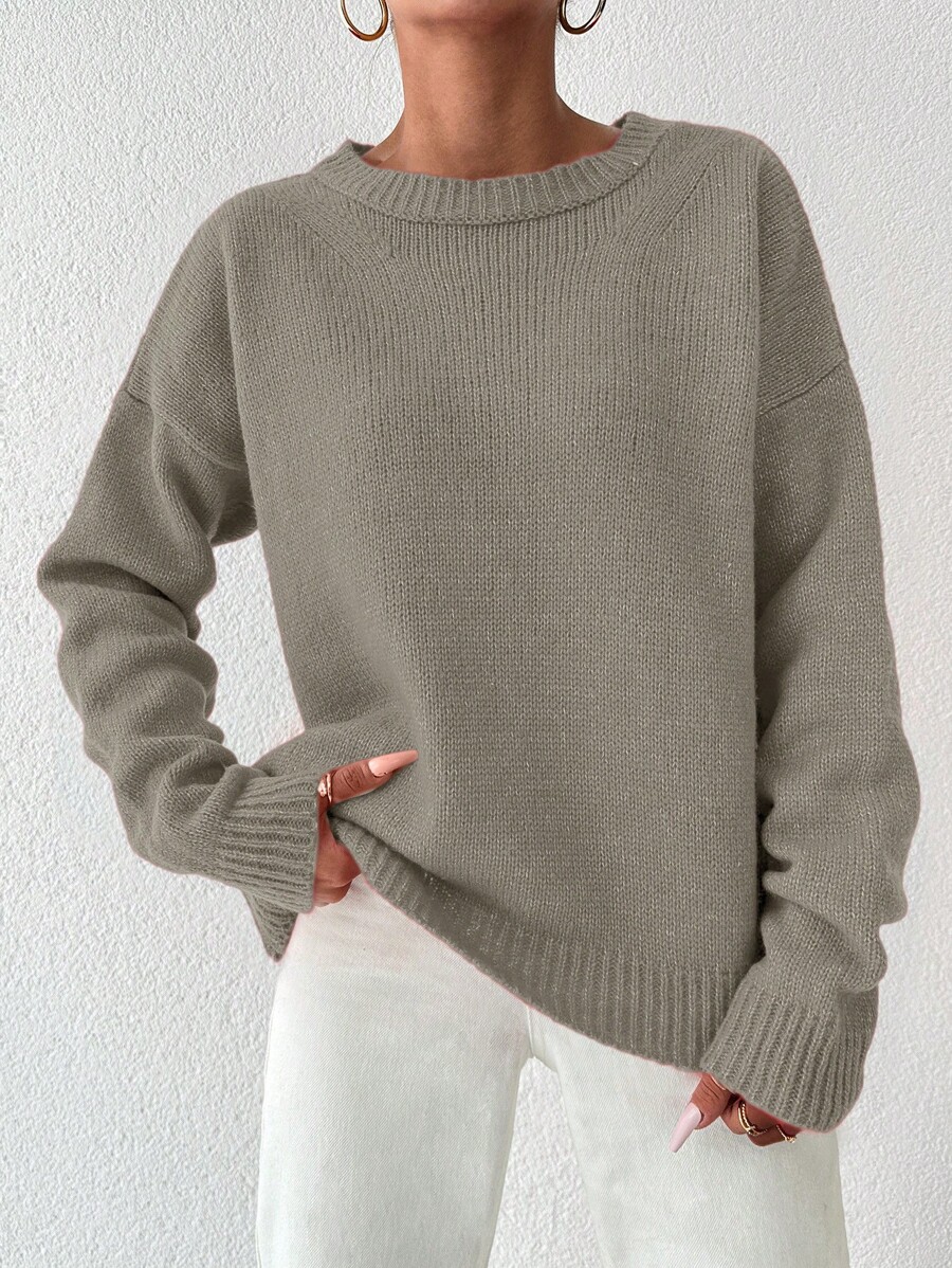 EURMUSE Women'S Solid Color Drop Shoulder Sweater - Perunggu - View 1
