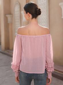 GENKIRA Pink Valentine's Day Romantic Elegant Off Shoulder Gold Fiber Textured Fabric Puff Sleeve Ruffle Hem Long Sleeve Chiffon Blouse Fall Cloth For Women - Pink - View 2