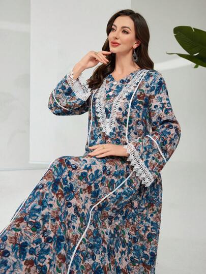 Al Najma 女式拼色喇叭袖 V 领连衣裙，带蕾丝花边，适合秋冬季，波西米亚风格阿拉伯连衣裙，适合日常休闲