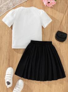 Wildeya Conjunto de 2 piezas de niña compuesto por Camiseta de punto de manga corta con cuello redondo y lazo 3D versátil y elegante + Falda plisada tejida