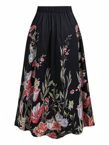 SHEIN Clasi Plus Size Elegant Floral Print A-Line Skirt - Black - View 2