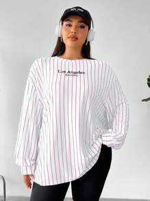 SHEIN EZwear 大码女式休闲图案刺绣条纹圆领长袖宽松长 T 恤，适合夏季、秋季、返校、校园、户外、日常通勤 - 紅白色 - 查看 3