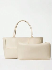 1 Pieza Bolso tipo tote de negocios de moda y casual, de unicolor, con trenzado de PU, con juego de bolso, con doble asa, bolso de hombro con imán, para mujer, para estudiantes universitarias, para negocios/traslados/compras/viajes/regalo del Día del Maestro