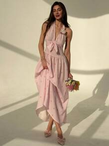 Aloruh Vestido ajustado con cuello de halter, escote en V profundo, decoración de lazo dulce, estampado de rayas rosas y mariposas