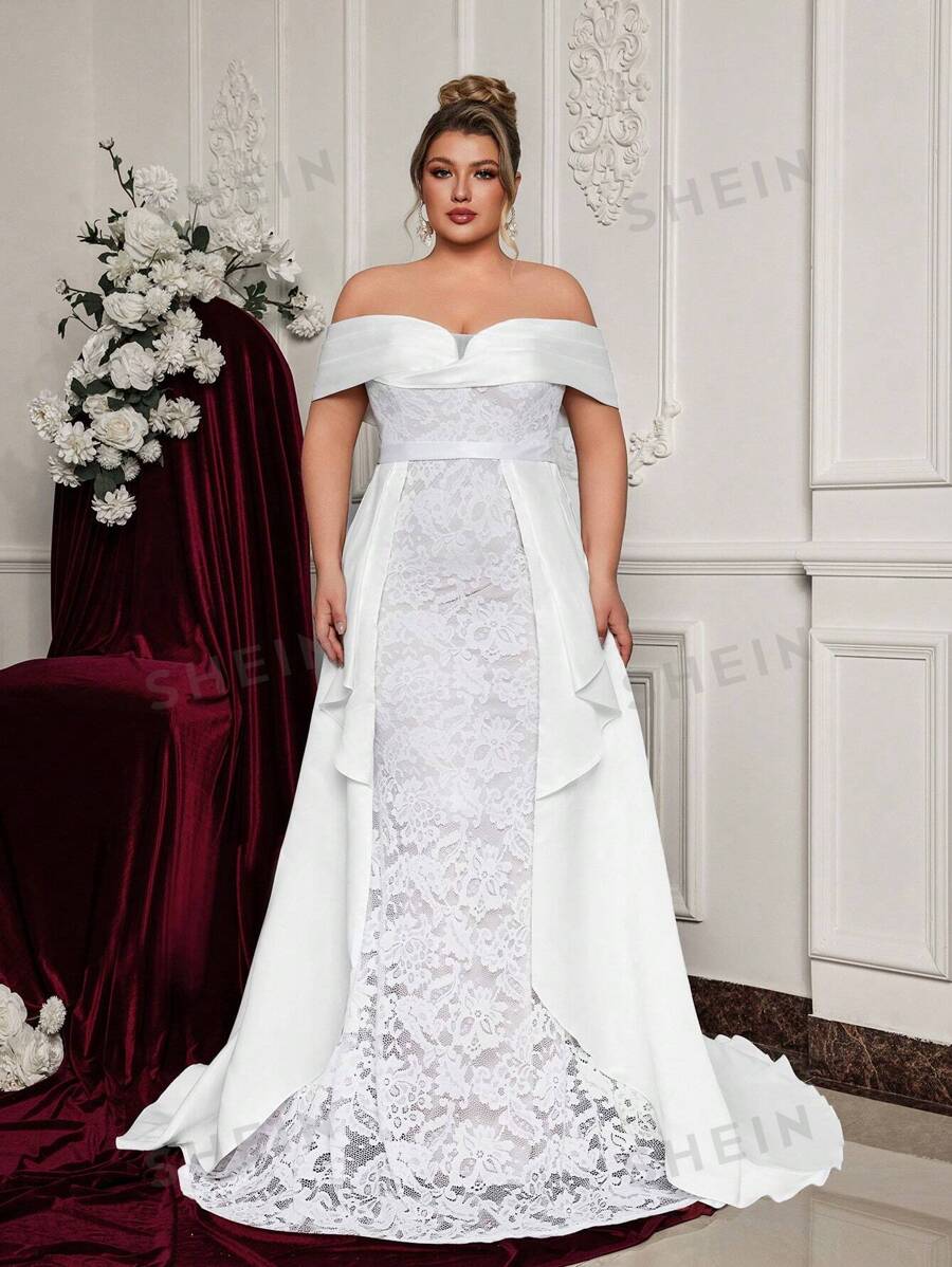 SHEIN Belle Vestido de satén con volantes, hombros descubiertos, encaje elástico y abertura, estilo sirena, en talla grande, color beige elegante y lujoso, adecuado para bodas, fiestas y vacaciones