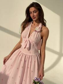 Aloruh Vestido ajustado con cuello de halter, escote en V profundo, decoración de lazo dulce, estampado de rayas rosas y mariposas