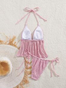 SHEIN Swim Women's Solid Textured Spaghetti Strap Tie Back Bikini Set For Summer Beach Vacation - Pink - View 5