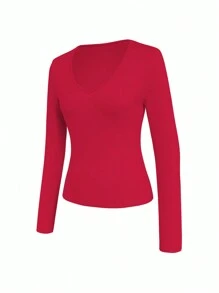 INAWLY Casual Versatile Solid Color Slim Fit Long Sleeve T-Shirt Fall Cloth For Women - Red - View 4