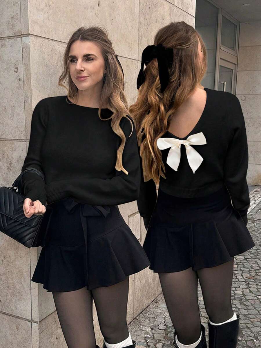 Pariaura Women's V-Neck Bowknot Decor Sweater