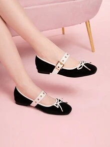 CUCCOO DOLLMOD Round Toe Suede Patchwork Metal Buckle Bow Ballet Flat Soft-Soled Loafers For Women Spring Shoes Spring Break Easter - Black and White - View 4