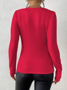 INAWLY Casual Versatile Solid Color Slim Fit Long Sleeve T-Shirt Fall Cloth For Women - Red - View 2