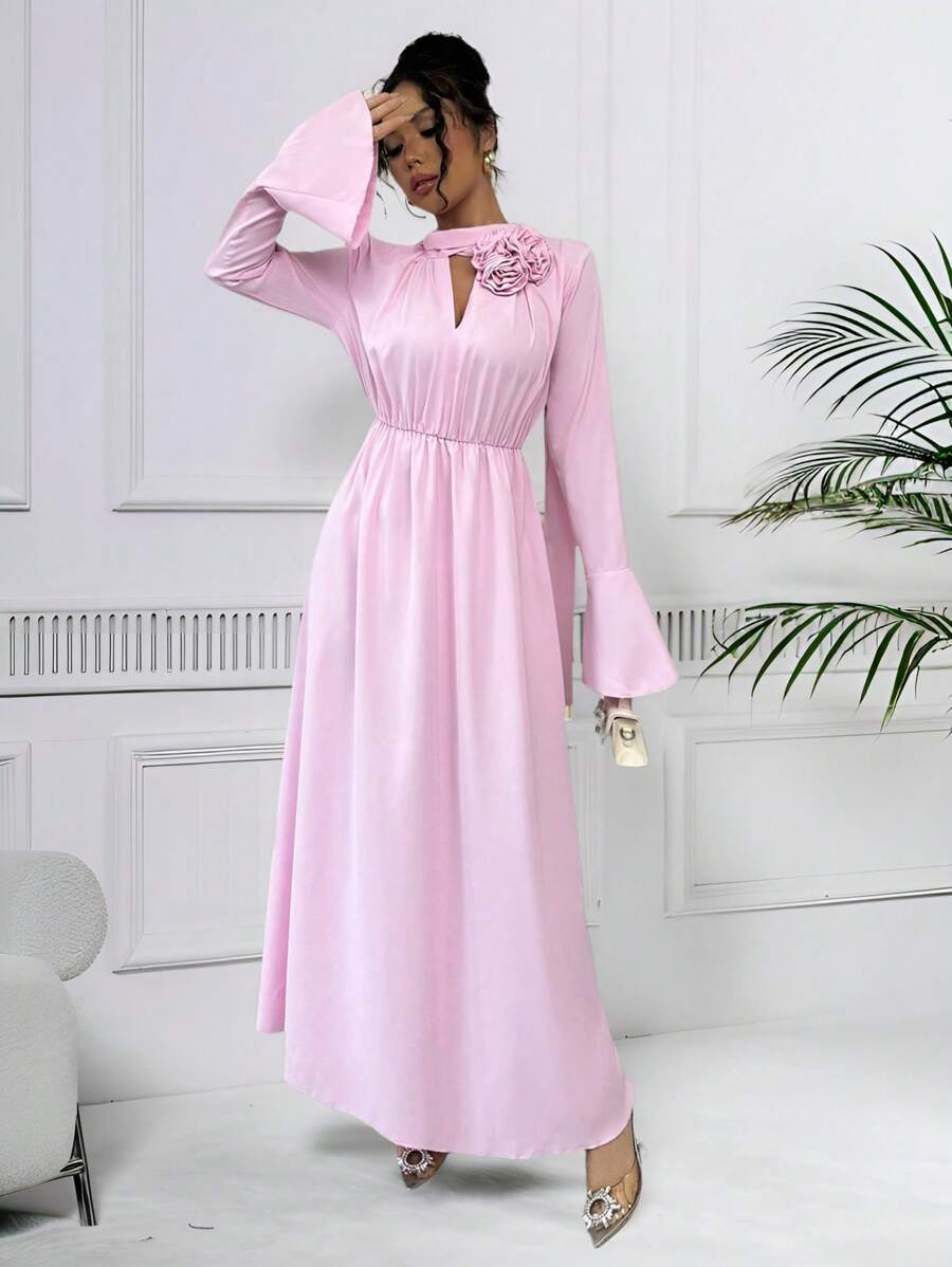 SHEIN Unity 女士优雅纯色 3D 花卉荷叶边袖系带中长连衣裙 - 粉色 - 查看 1