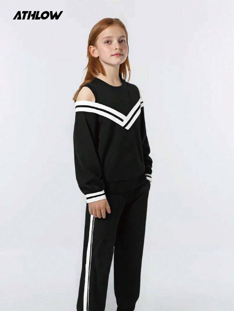 Tween 女童拼色条纹露肩运动衫和运动裤运动服套装 - 黑色 - 查看 1