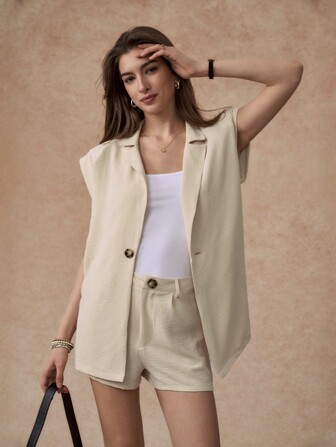 Écloséra 优雅米色西装外套搭配短裤套装，春夏女士套装