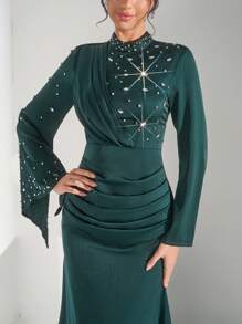 Coutiva Vestido de cena formal con adornos de strass en patchwork, vestido largo elegante y lujoso, vestido de invitada de boda para banquete, festival de música, primavera/verano, vestido de fiesta, vestido de noche, vestido largo