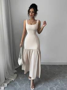 Rafferiza Scoop Neck Sleeveless Ruched Waist Slim Apricot Patchwork Elegant Maxi Dress