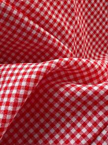 Elamini French Style Square Neck Waist Drawstring Plaid Casual Vacation Blouse Shirt Top For Women - Red and White - View 5